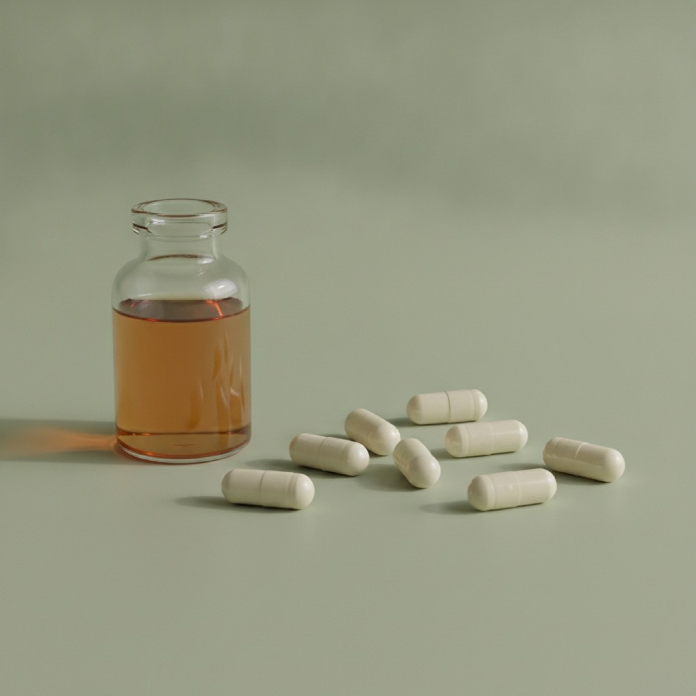 Capsule di glucosamina su un piano neutro, still-life editoriale